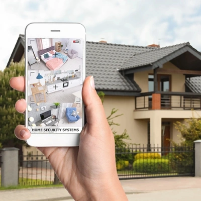 Tulsa vivint phone display of cctv live feed in front of a house